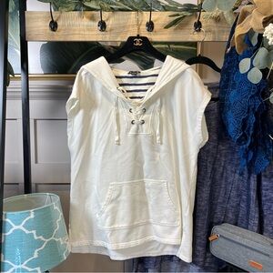 Tribal  Hooded Shirt Womens Cap Sleeves Lace Tie White navy Strip M Cotton